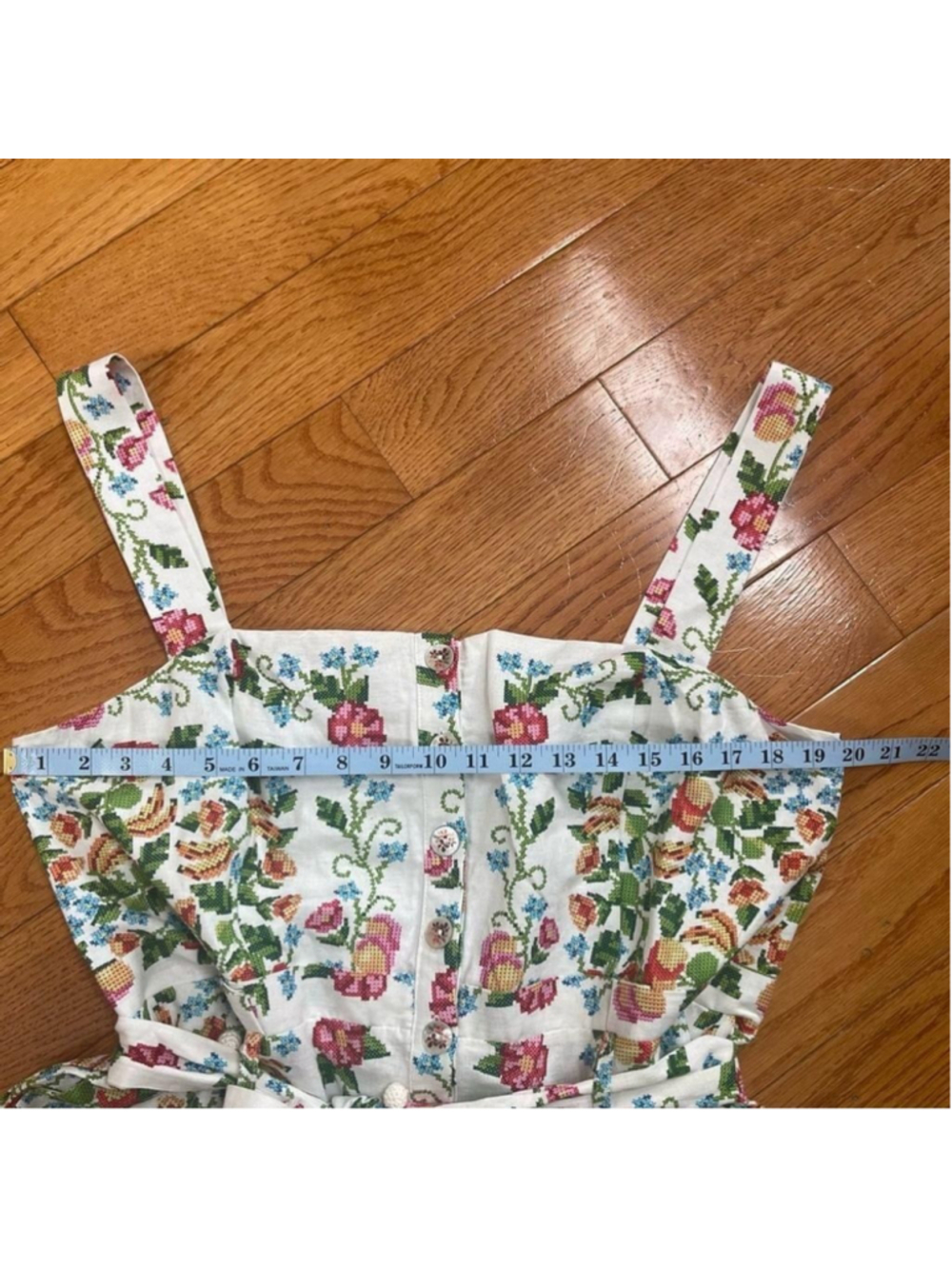 Farm Rio Crosstitch Floral Belted Romper linen blend off-white Cottagecore Sz XL - Picture 14 of 15